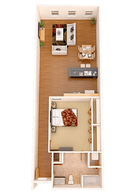 A small apartment with a bedroom, living room, and kitchen.